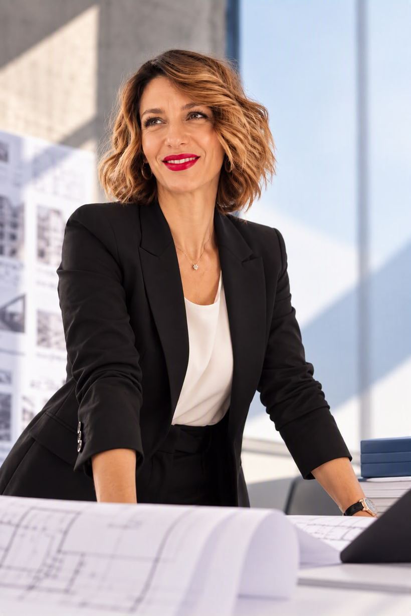 Ekaterina Ivantcheva, founder of UNICO Exhibitions, at a design table with floor plans